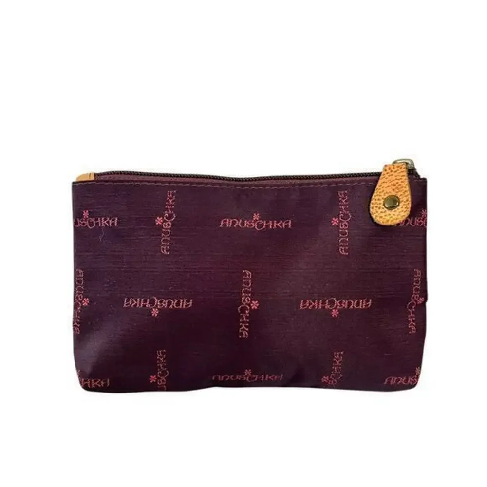 Anuschka Wine Red Jacquard Weave Satin Zip Top Pouch Bag Makeup Case Coin Purse